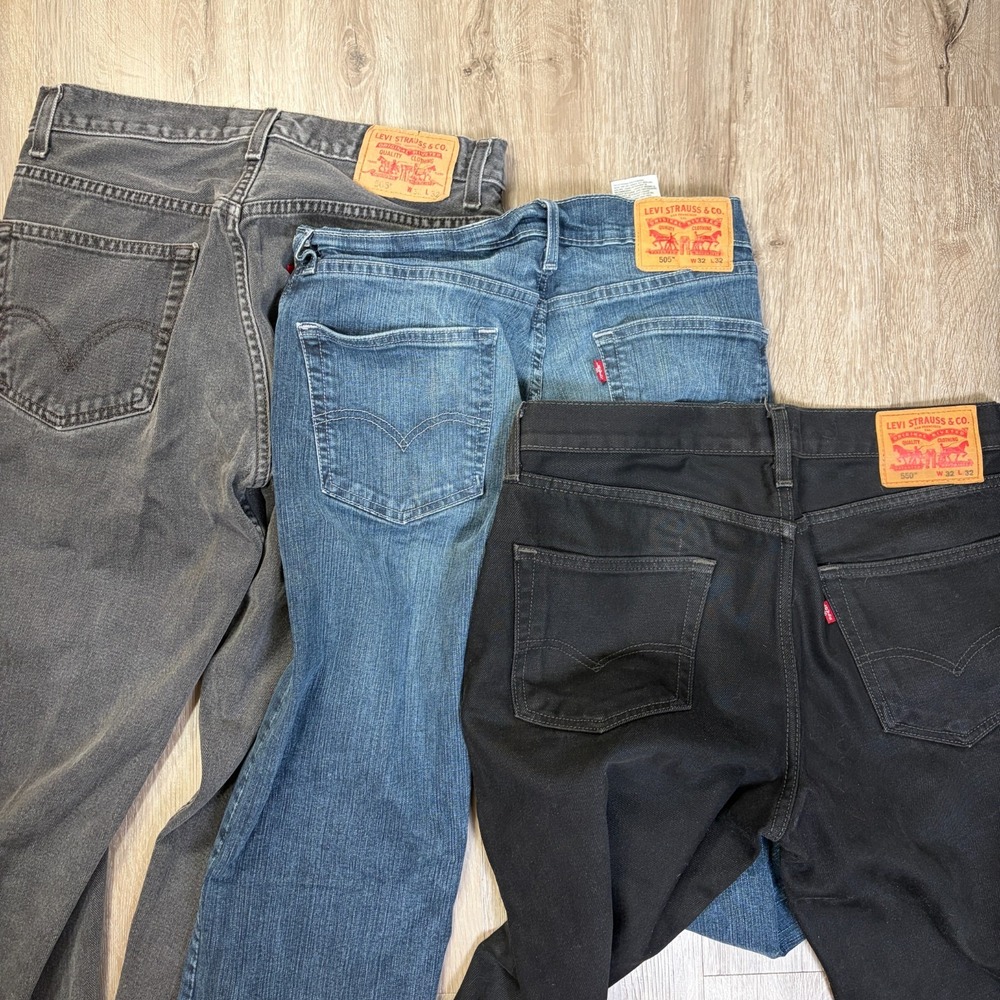 Lot of 3 Levis 505 550 Mens Jeans 32x32 Black Gray Blue Denim Pants Relaxed
